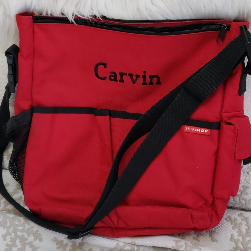 Skip Hop Diaper Bag Red Duo Stroller Friendly, Calvin embroidered.